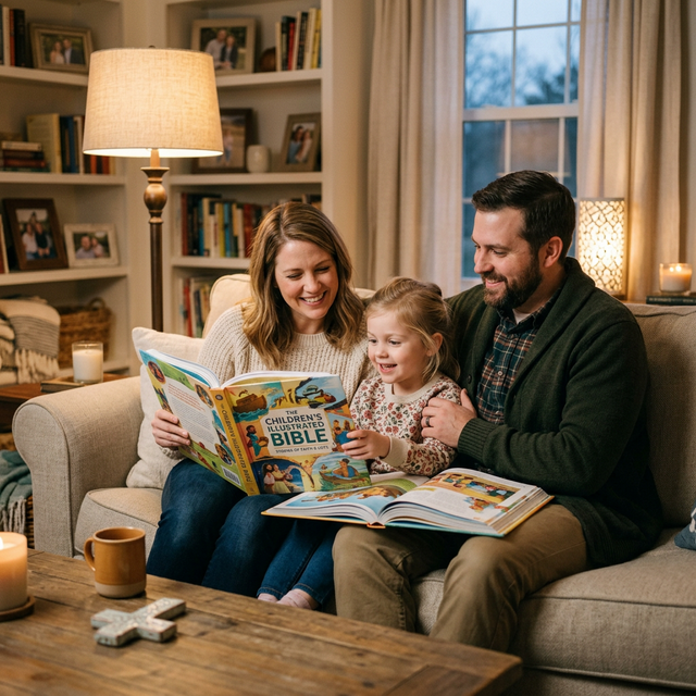 Pais lendo a Bíblia com o filho