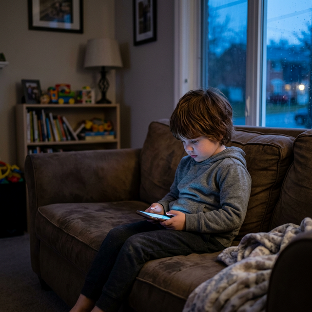 Criança triste no celular